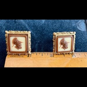 Vintage Roman Cameo Cufflinks Gold Tone Square Incolay Style Mid Century